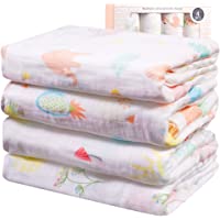 Viviland Mantas de Muselina de Bambú Algodón-Muselinas Pack de 4-Mantitas para Bebes 120x120 cm- Flamingo- Conejo- Piña…